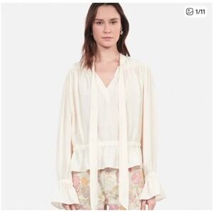 THE KOOPLES Womens Ivory Neck Tie Blouse Long‎ Sleeve Ruffle Hem Size Small